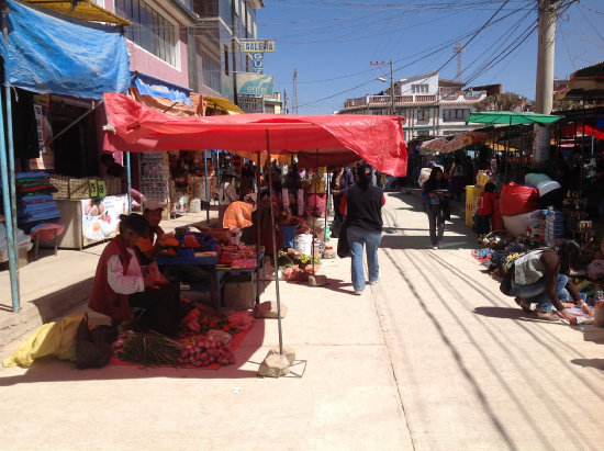 DESORDEN. En la calle Pando, zona del Mercado Campesino, los comerciantes instalaron sus puestos sobre la calzada que recientemente fue construida con pavimento rgido.