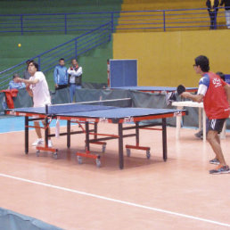 El representante tarijeo Felipe Soto (i) saca a pelota durante la final disputada ayer, frente al chileno Ismael Cifuentes, en el coliseo Jorge Revilla Aldana.