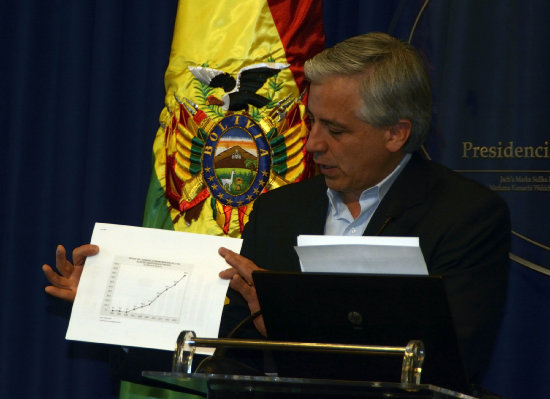 CONFERENCIA. El vicepresidente lvaro Garca Linera se refiri ayer a las protestas regionales por los resultados del Censo 2012.