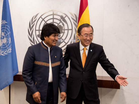 BLOQUEO. El presidente Evo Morales junto con el secretario general de la ONU, Ban Ki-moon,