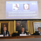 ANUNCIO. Miembros de la Real Academia de las Ciencias de Suecia anuncian el premio Nobel de Fsica 2013 en Estocolmo, Suecia.