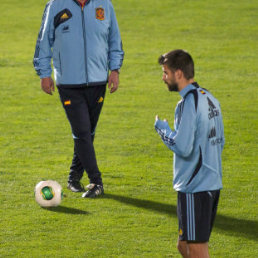 El entrenador espaol Vicente del Bosque (i) y el jugador Gerard Piqu, en la prctica de ayer.