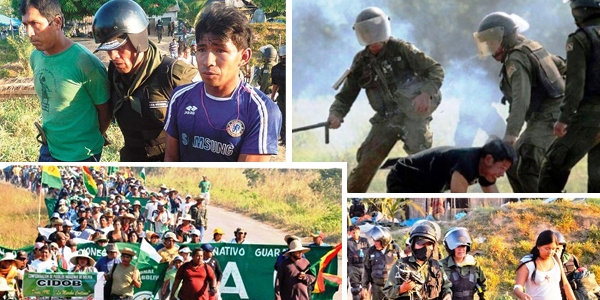 REPRESIN. Combo de fotografas de la marcha indgena y la intervencin por parte de policas y militares el 25 de septiembre de 2011.