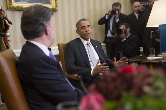 ENCUENTRO. Barack Obama y Juan Manuel Santos en su reunin de ayer.