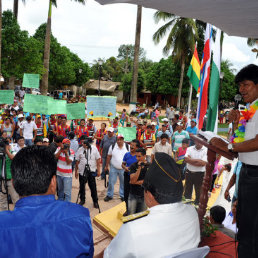 Discurso. El presidente Evo Morales particip de un acto de entrega de equipamiento en el municipio de Cobija, ayer.