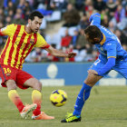 Pedro Rodrguez (c) tras conseguir uno de los goles de su equipo, el Barcelona, ante el Getafe.