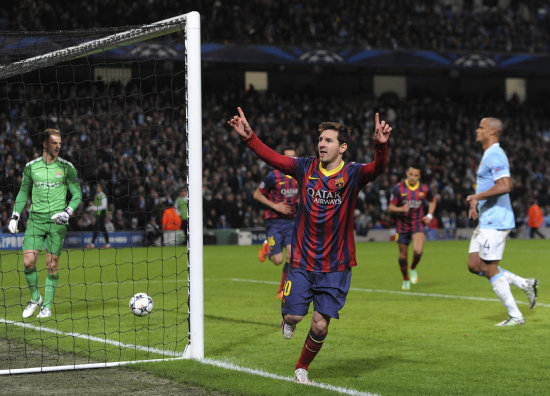 Lionel Messi celebra el primer gol del Barcelona ante el Manchester City.