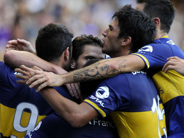 La celebracin de los jugadores de Boca Juniors tras su victoria.