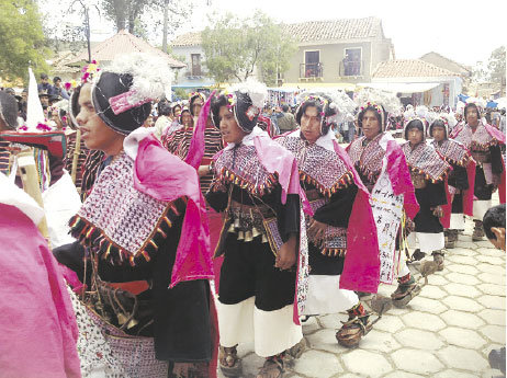 PUJLLAY. En el desfile autctono, los comunarios muestran su danza y el colorido de sus prendas de vestir, admirando a propios y extraos.