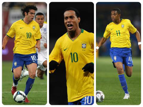 Los jugadores Kak (d), Ronaldinho (c) y Robinho no fueron tomados en cuenta por el tcnico Scolari.