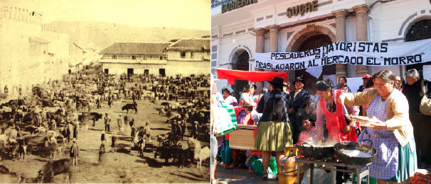 SIMILITUD. La primera foto tomada en 1871, muestra la feria de la Pascua en la plaza 25 de Mayo; la segunda imagen retrata la protesta de los vendedores de pescado de El Morro.