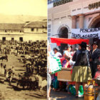 SIMILITUD. La primera foto tomada en 1871, muestra la feria de la Pascua en la plaza 25 de Mayo; la segunda imagen retrata la protesta de los vendedores de pescado de El Morro.