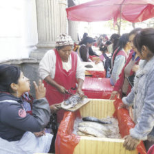 INSLITO. Un grupo de comerciantes instal una veintena de puestos de venta de pescado en la puerta del Palacio Consistorial.