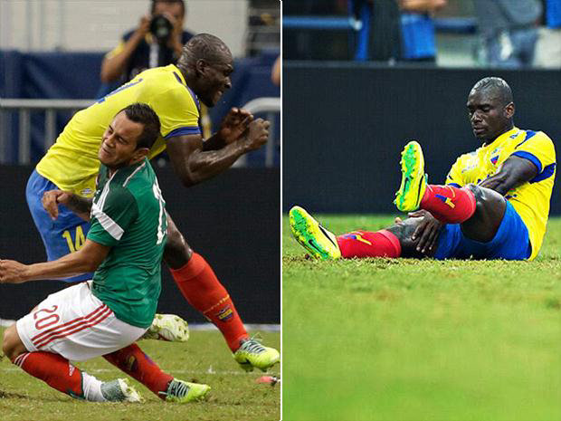 El estrepitoso choque entre el mexicano Luis Montes (verde) y el ecuatoriano Segundo Castillo (amarillo); abajo, Riccardo Montolivo, de Italia. Todos quedaron fuera del Mundial.