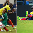 El estrepitoso choque entre el mexicano Luis Montes (verde) y el ecuatoriano Segundo Castillo (amarillo); abajo, Riccardo Montolivo, de Italia. Todos quedaron fuera del Mundial.