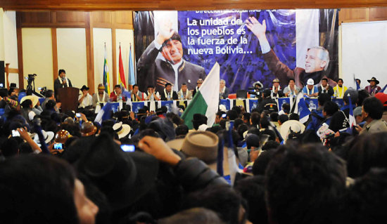 AMPLIADO. El presidente Evo Morales, durante la concentracin en Cochabamba.