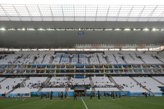 Los jugadores de la seleccin de Brasil participaron ayer, mircoles, en un entrenamiento previo al partido de apertura del Mundial Brasil 2014 contra Croacia en el estadio Arena Corinthians.