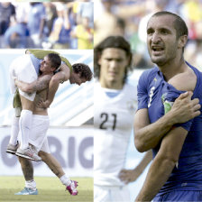 La celebracin de los integrantes del cuadro charraca luego de salir vencedores frente a los italianos; al lado, el Giorgio Chiellini muestra su hombro tras ser mordido por Luis Surez.