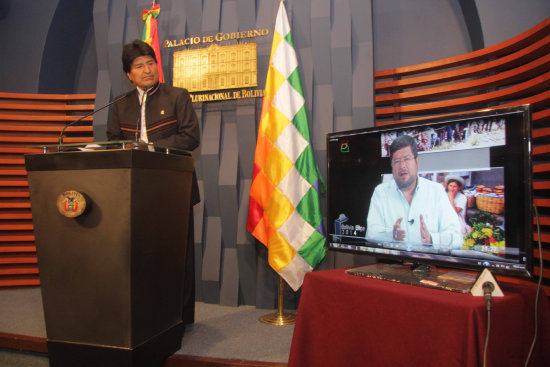 CONFERENCIA. El presidente Evo Morales present una denuncia contra el candidato de la alianza Unidad Demcrata, Samuel Doria Medina.