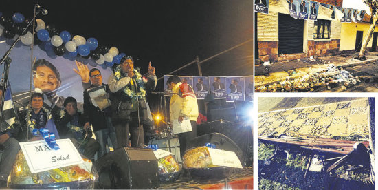 MAS. Los oficialistas durante la inauguracin de una de sus casas de campaa en Sucre. A lado, los daos de la actividad proselitista.