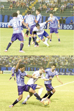 Dos escenas del partido disputado anoche, en el estadio Tahuichi Aguilera, en el que se registr un empate.