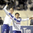 La celebracin de los jugadortes santos tras el gol de Muoz (i).