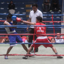 Un pasaje del combate entre el cruceo Jorge Luis Paz (rojo) y el potosino Jos Ariel; abajo, la chuquisaquea Edith Maturano (azul) fue proclamada ganadora del combate por abandono.