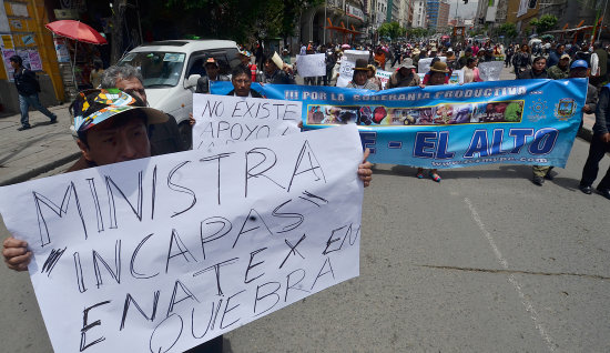 PROTESTA. Microempresarios y trabajadores de Enatex marcharon ayer, en La Paz.