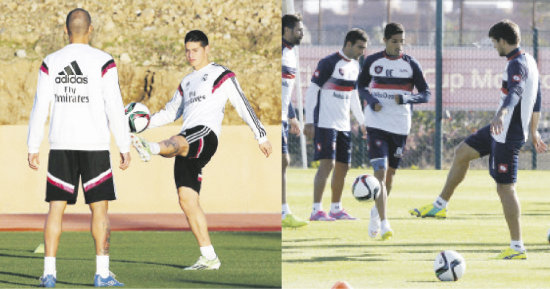 El colombiano James Rodrguez, del Real Madrid, en la prctica de ayer. La plantilla de San Lorenzo de Almagro en su ltima preparacin.