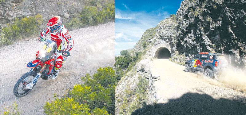 El piloto espaol Joan Barreda Bort, del equipo HRC, compite en la segunda etapa del Dakar, entre Villa Carlos Paz y San Juan; al lado, el paso del piloto catar Nasser Al-Attiyah.