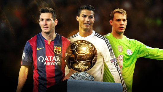 Los jugadores Messi (i), Ronaldo (c) y Neuer van por el mximo galardn.