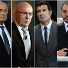 Blatter (i), Van Praag (2i), Figo (2d) y Ali Bin al Hussein van por la silla.