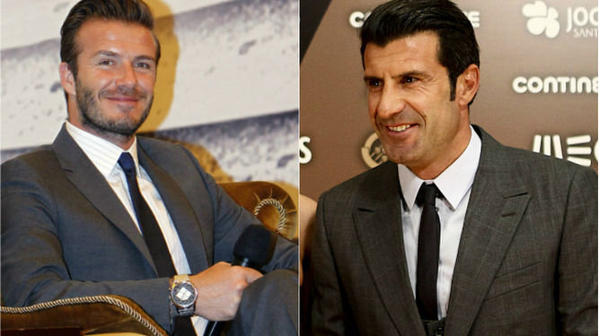 David Beckham (i) apoy la candidatura a la FIFA de Luis Figo.